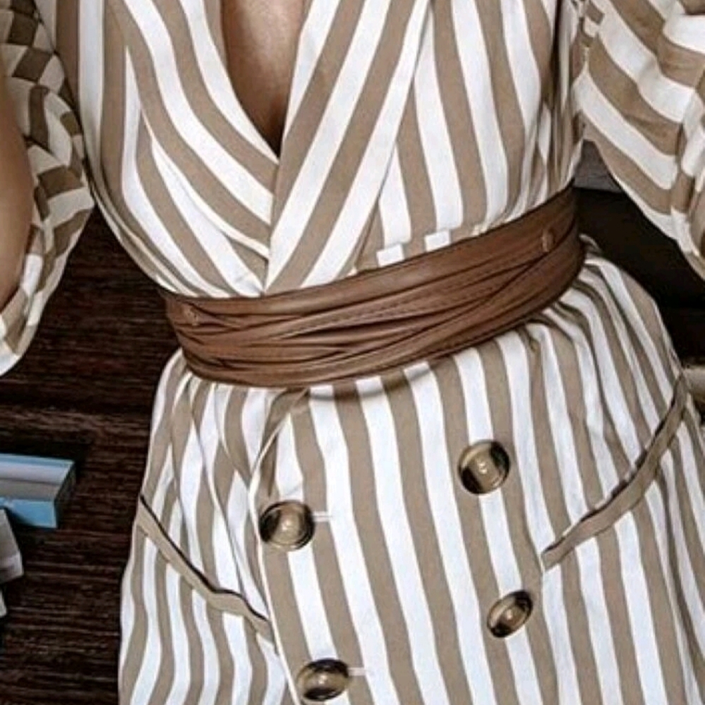 Womens Brown vegan leather corset wide tie waist boho cinch wrap obi belt - Picture 12 of 16